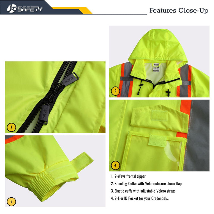 JKSafety Hi-Vis Reflective Safety Rain Gear, Waterproof Long Rain Jacket (JKR119-C3)