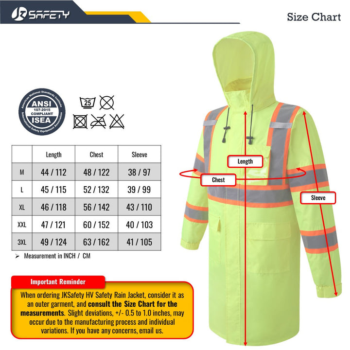 JKSafety Hi-Vis Reflective Safety Rain Gear, Waterproof Long Rain Jacket (JKR119-C3)