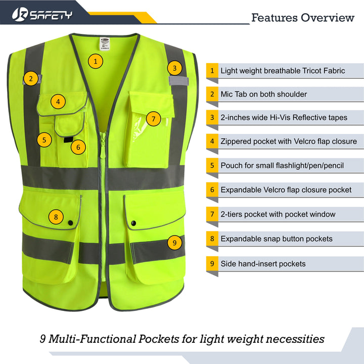 JKSafety 9 Pockets Hi-Vis Reflective Safety Vest (JK150-C2)