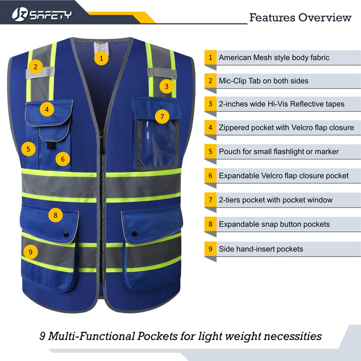 JKSafety 9 Pockets Mesh Two-Tone Hi-Vis Reflective Safety Vest (JK100-EV)