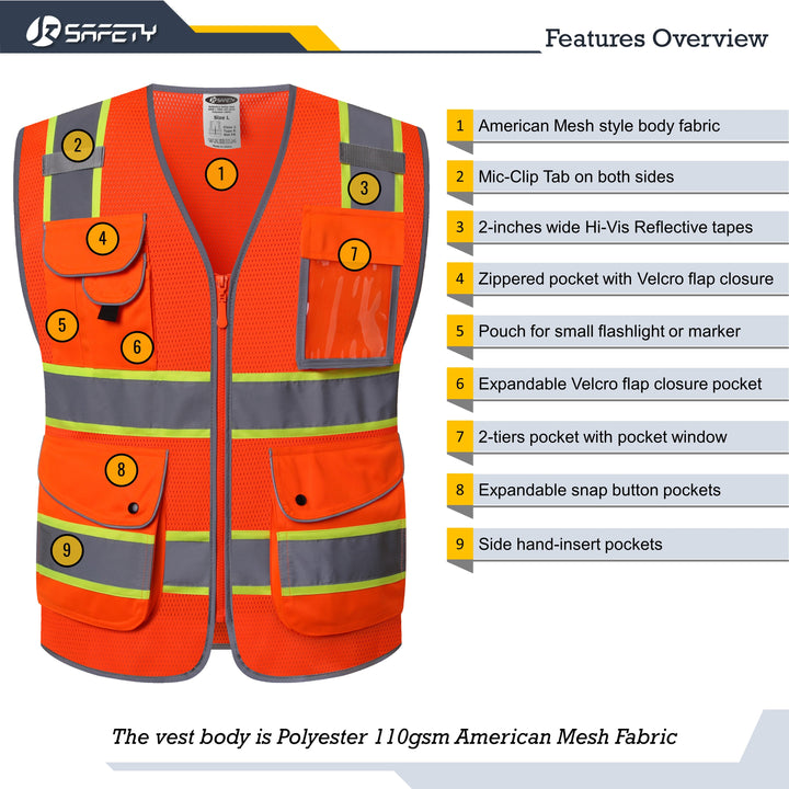 JKSafety 9 Pockets Mesh Two-Tone Hi-Vis Reflective Safety Vest (JK100-C2)