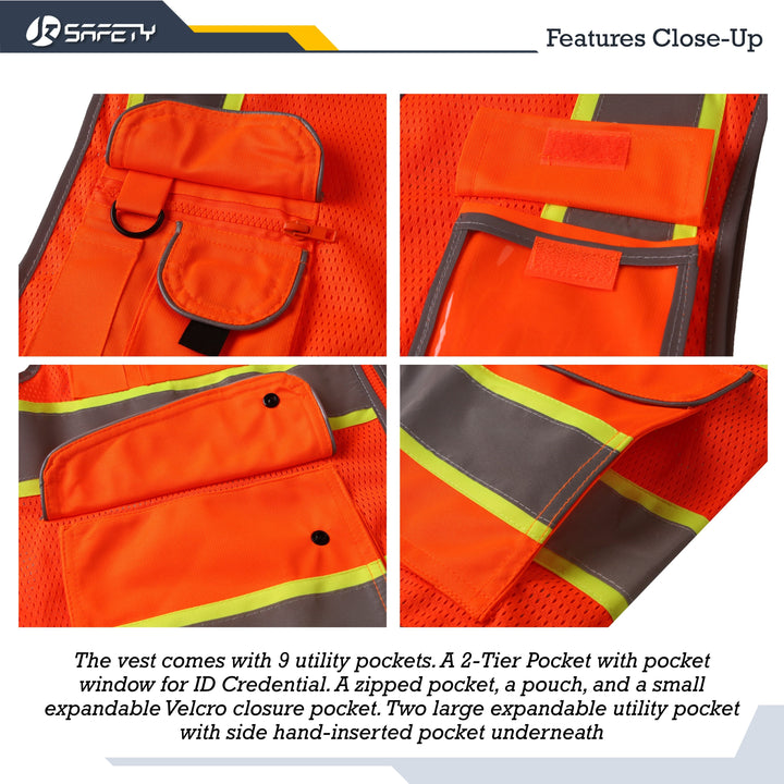 JKSafety 9 Pockets Mesh Two-Tone Hi-Vis Reflective Safety Vest (JK100-C2)