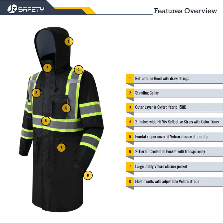 JKSafety Hi-Vis Reflective Safety Rain Gear, Waterproof Long Rain Jacket (JKR119-EV)