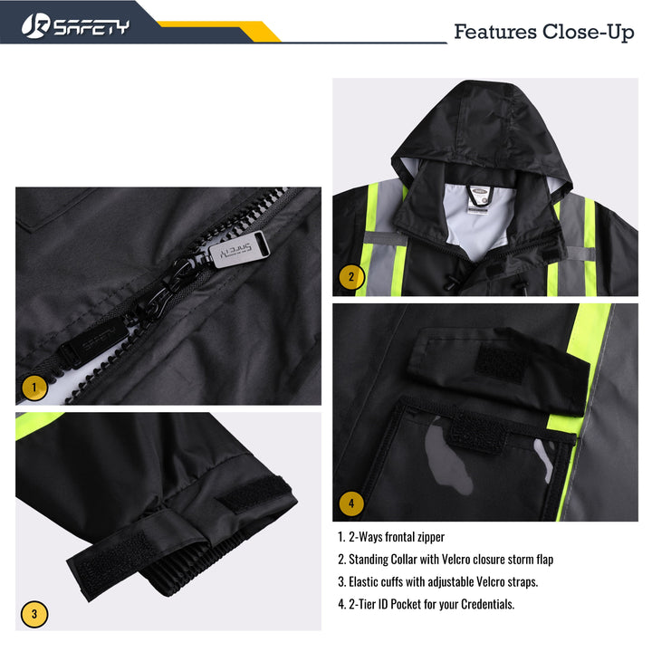 JKSafety Hi-Vis Reflective Safety Rain Gear, Waterproof Long Rain Jacket (JKR119-EV)