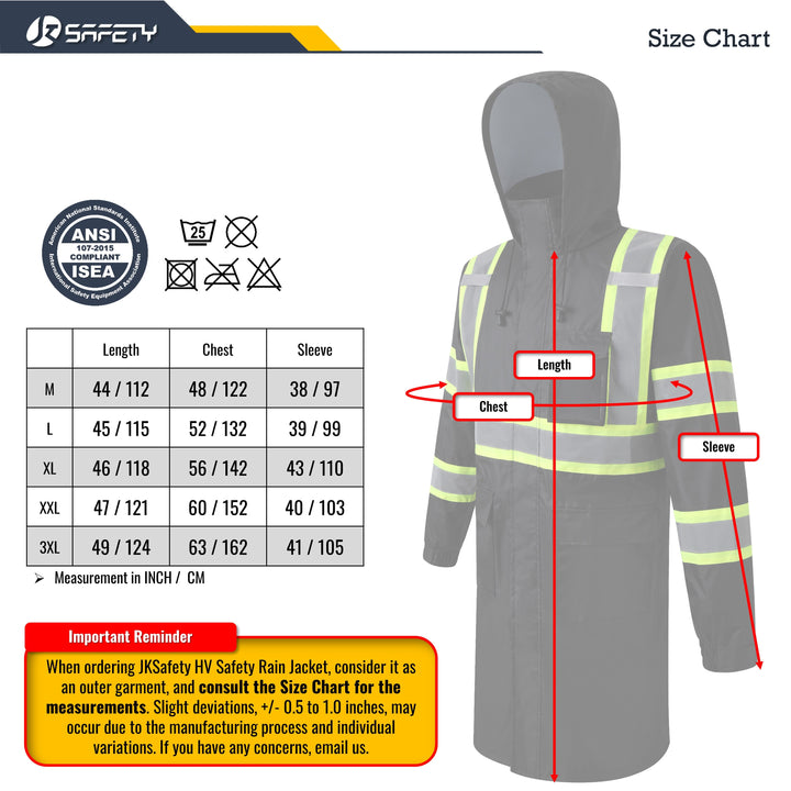 JKSafety Hi-Vis Reflective Safety Rain Gear, Waterproof Long Rain Jacket (JKR119-EV)