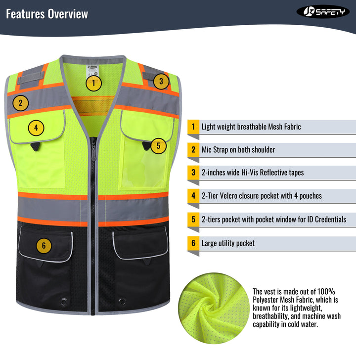 JKSafety 9 Pockets Mesh Hi-Vis Safety Vest, Black Bottom (JK189)