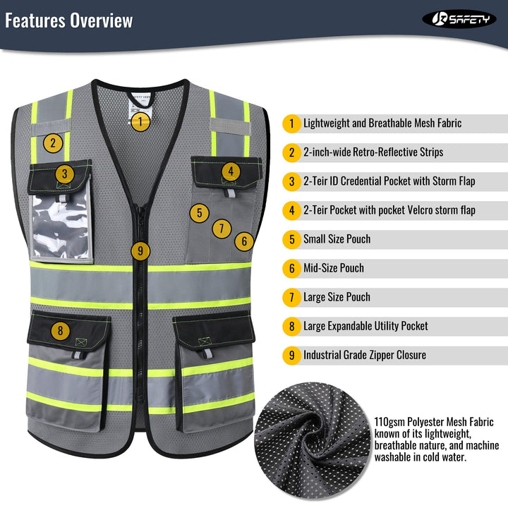 JKSafety 8 Pockets Two-Tone Mesh Hi-Vis Reflective Safety Vests (JK220-EV)