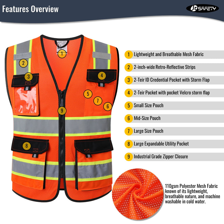 JKSafety 8 Pockets Two-Tone Mesh Hi-Vis Reflective Safety Vests (JK220-C2)