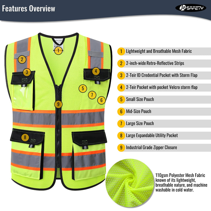 JKSafety 8 Pockets Two-Tone Mesh Hi-Vis Reflective Safety Vests (JK220-C2)