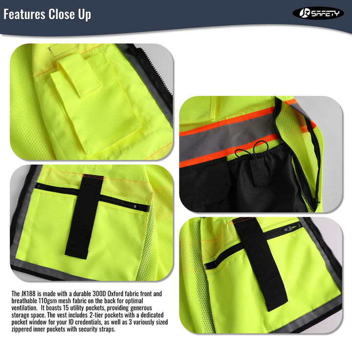 JKSafety Heavy Duty Reflective Surveyor Safety Vest Cushioned Collar (JK188-C1)