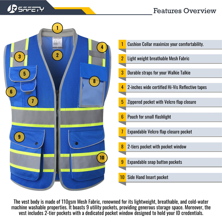 JKSafety 9 Pockets Mesh Two-Tone Hi-Vis Reflective Safety Vest, Cushion Collar (JK101-EV)