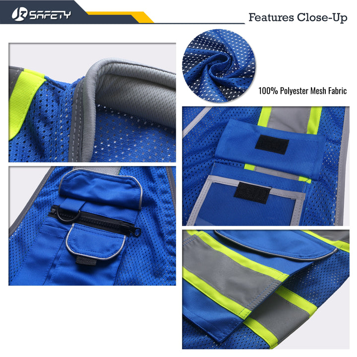 JKSafety 9 Pockets Mesh Two-Tone Hi-Vis Reflective Safety Vest, Cushion Collar (JK101-EV)