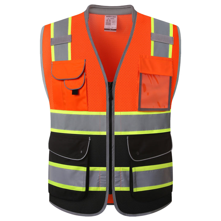 JKSafety 9 Pockets Mesh Two-Tone Hi-Vis Reflective Safety Vest, Cushion Collar, Black Bottom (JK101-C1)