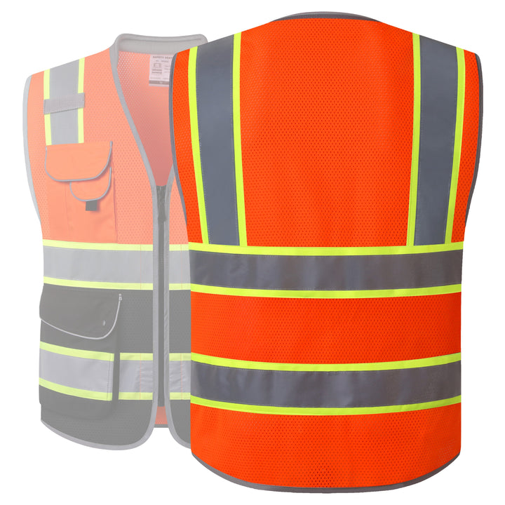 JKSafety 9 Pockets Mesh Two-Tone Hi-Vis Reflective Safety Vest, Cushion Collar, Black Bottom (JK101-C1)