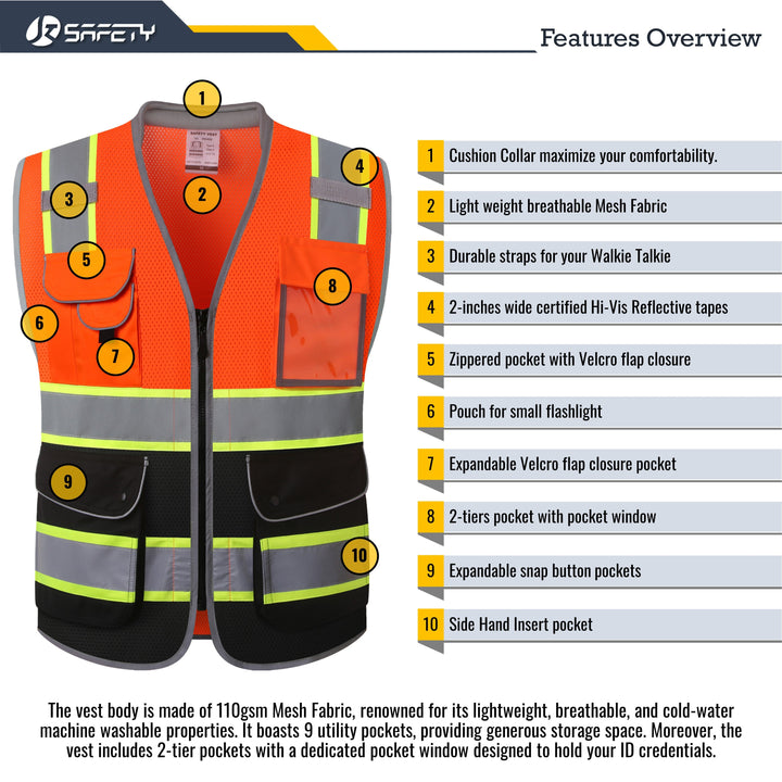 JKSafety 9 Pockets Mesh Two-Tone Hi-Vis Reflective Safety Vest, Cushion Collar, Black Bottom (JK101-C1)