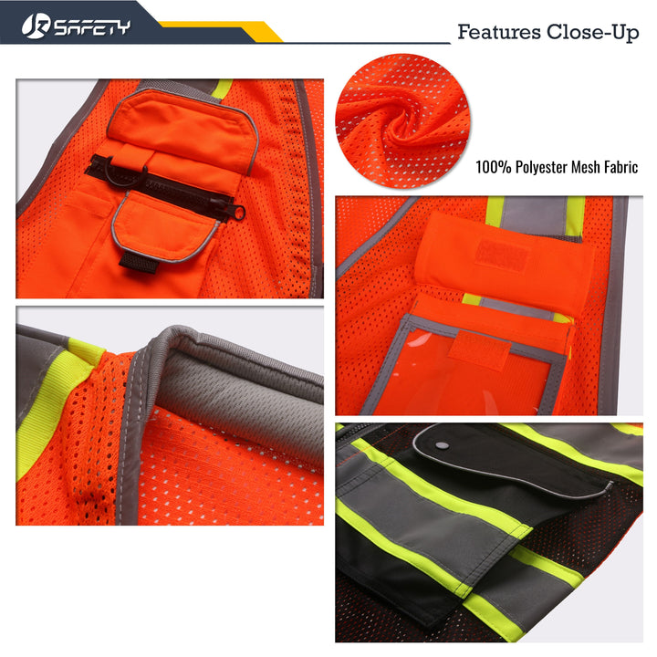 JKSafety 9 Pockets Mesh Two-Tone Hi-Vis Reflective Safety Vest, Cushion Collar, Black Bottom (JK101-C1)