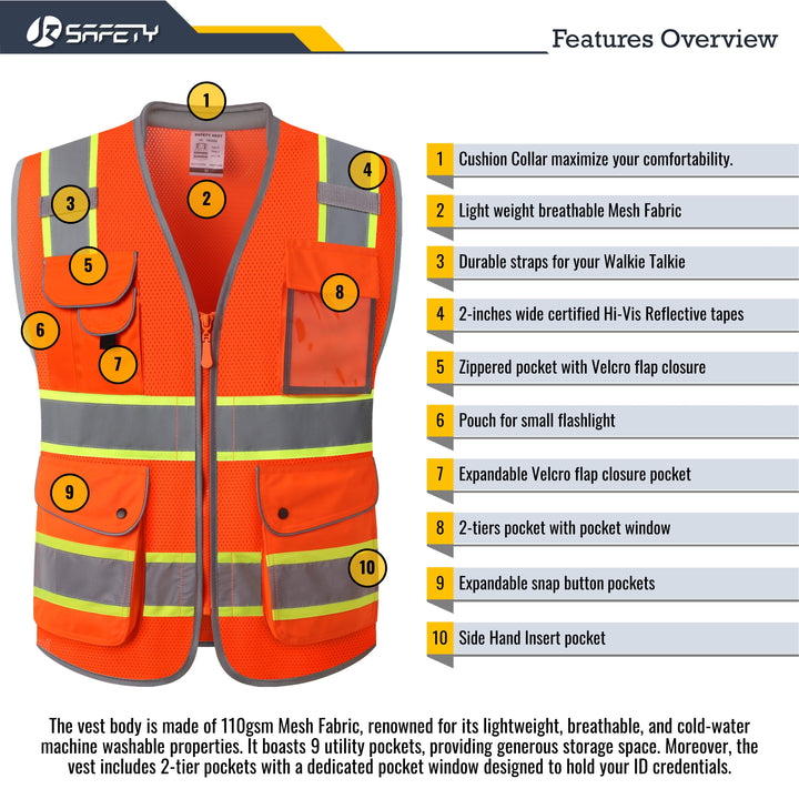 JKSafety 9 Pockets Mesh Two-Tone Hi-Vis Reflective Safety Vest, Cushion Collar (JK101-C2)