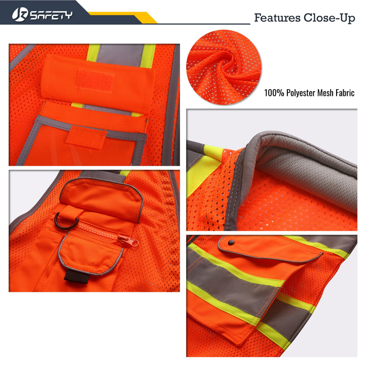 JKSafety 9 Pockets Mesh Two-Tone Hi-Vis Reflective Safety Vest, Cushion Collar (JK101-C2)