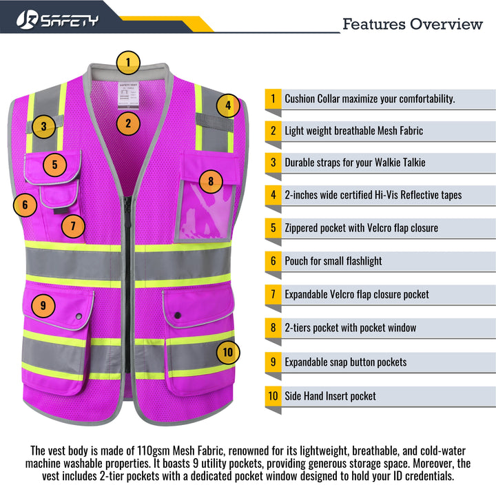 JKSafety 9 Pockets Mesh Two-Tone Hi-Vis Reflective Safety Vest, Cushion Collar (JK101-EV)