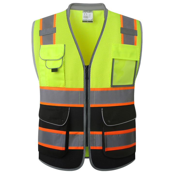 JKSafety 9 Pockets Mesh Two-Tone Hi-Vis Reflective Safety Vest, Cushion Collar, Black Bottom (JK101-C1)