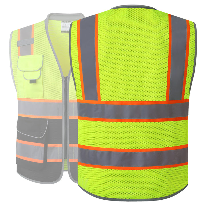 JKSafety 9 Pockets Mesh Two-Tone Hi-Vis Reflective Safety Vest, Cushion Collar, Black Bottom (JK101-C1)