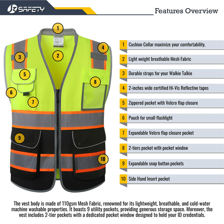 JKSafety 9 Pockets Mesh Two-Tone Hi-Vis Reflective Safety Vest, Cushion Collar, Black Bottom (JK101-C1)