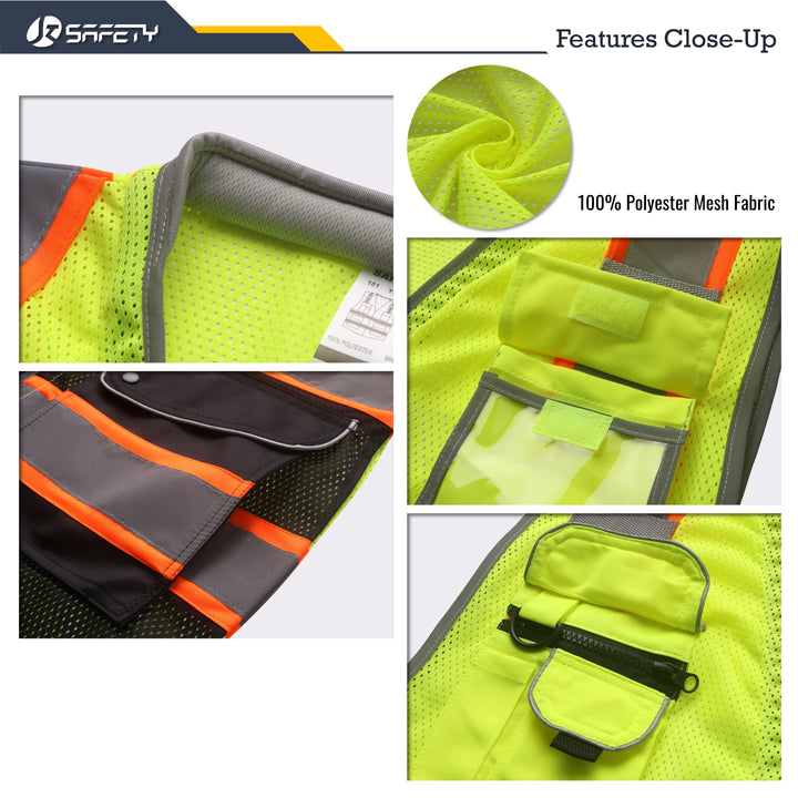 JKSafety 9 Pockets Mesh Two-Tone Hi-Vis Reflective Safety Vest, Cushion Collar, Black Bottom (JK101-C1)