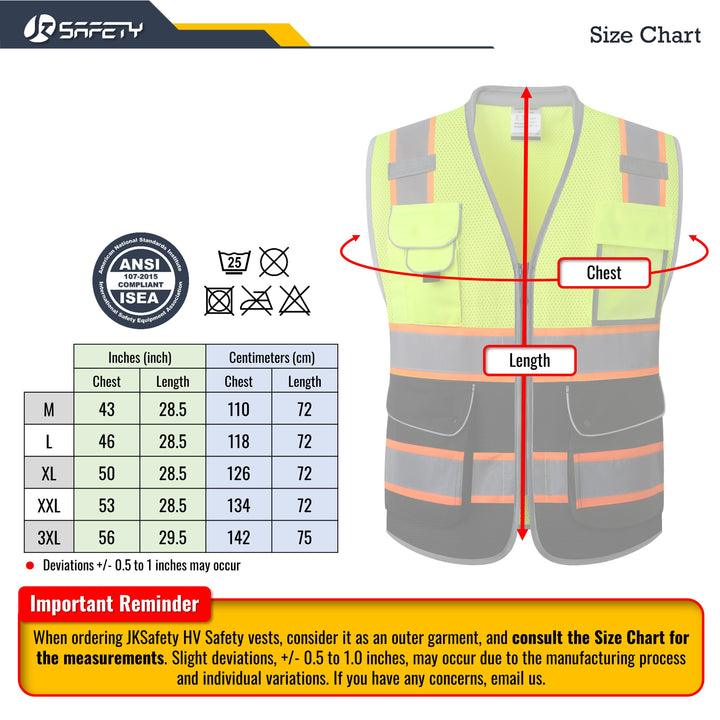 JKSafety 9 Pockets Mesh Two-Tone Hi-Vis Reflective Safety Vest, Cushion Collar, Black Bottom (JK101-C1)