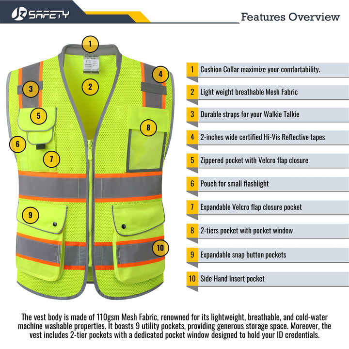 JKSafety 9 Pockets Mesh Two-Tone Hi-Vis Reflective Safety Vest, Cushion Collar (JK101-C2)