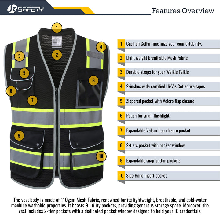 JKSafety 9 Pockets Mesh Two-Tone Hi-Vis Reflective Safety Vest, Cushion Collar (JK101-EV)