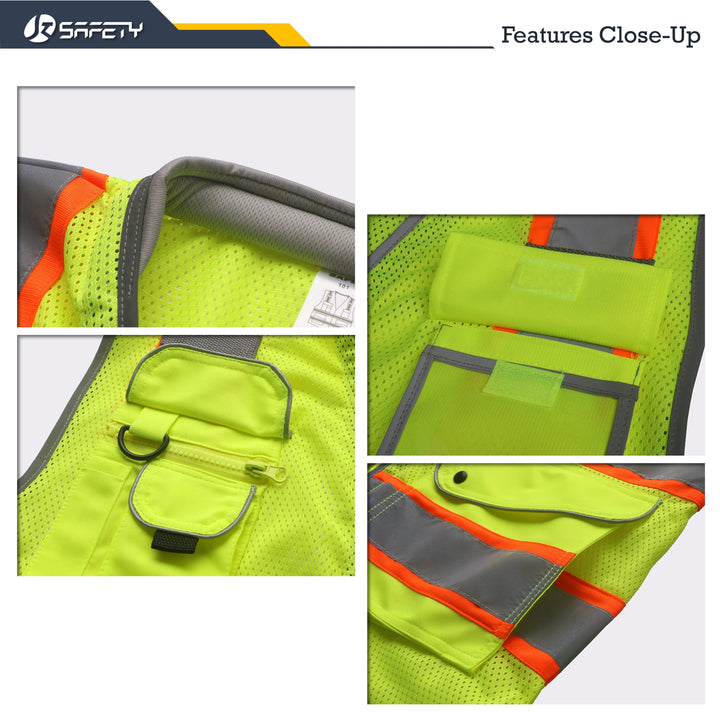 JKSafety 9 Pockets Mesh Two-Tone Hi-Vis Reflective Safety Vest, Cushion Collar (JK101-C2)