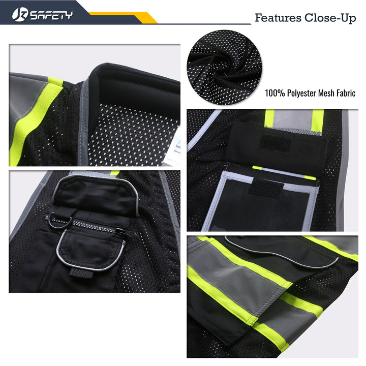 JKSafety 9 Pockets Mesh Two-Tone Hi-Vis Reflective Safety Vest, Cushion Collar (JK101-EV)