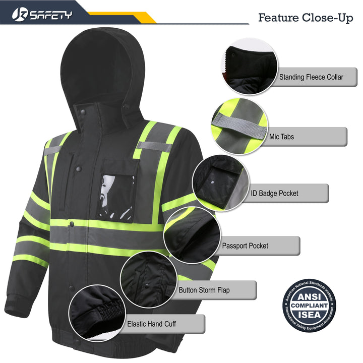 JKSafety 10 Pockets Winter Hi-Vis Reflective Safety Bomber Jacket, Standing Fleece Collar (JK116-EV)