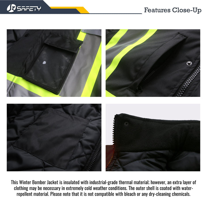 JKSafety 10 Pockets Winter Hi-Vis Reflective Safety Bomber Jacket, Standing Fleece Collar (JK116-EV)