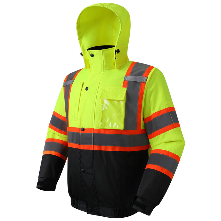 JKSafety 10 Pockets Winter Hi-Vis Reflective Safety Bomber Jacket, Standing Fleece Collar (JK116-C3)