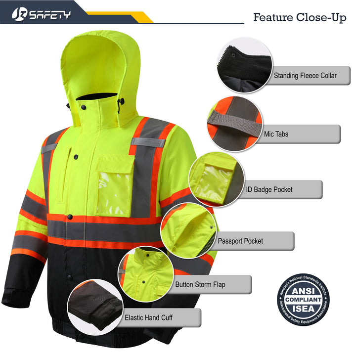 JKSafety 10 Pockets Winter Hi-Vis Reflective Safety Bomber Jacket, Standing Fleece Collar (JK116-C3)