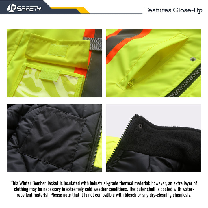 JKSafety 10 Pockets Winter Hi-Vis Reflective Safety Bomber Jacket, Standing Fleece Collar (JK116-C3)